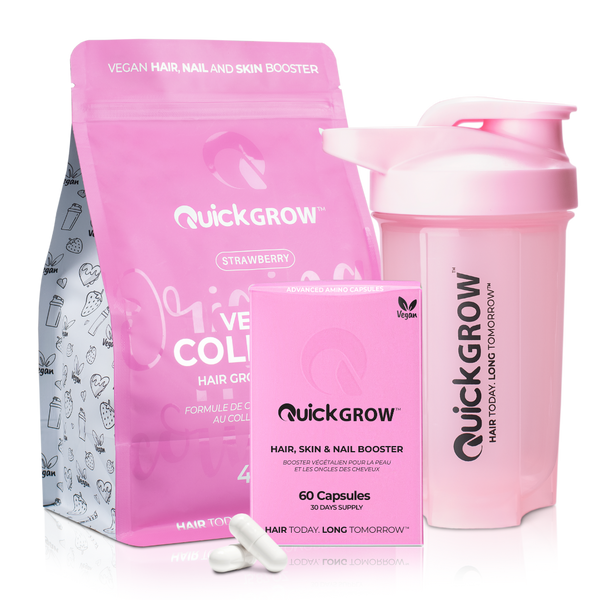 Quick Grow 450g Strawberry Collagen + Capsules + Shaker Bundle